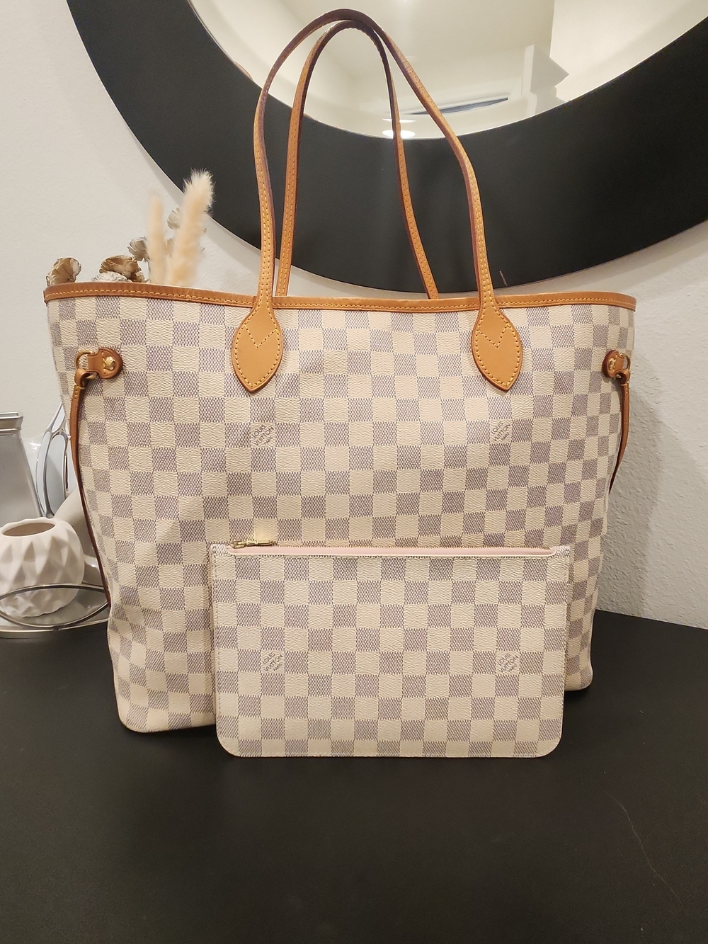 Louis Vuitton Neverful w/Pouch GM Damier Azur & Ballerina Pink Interior